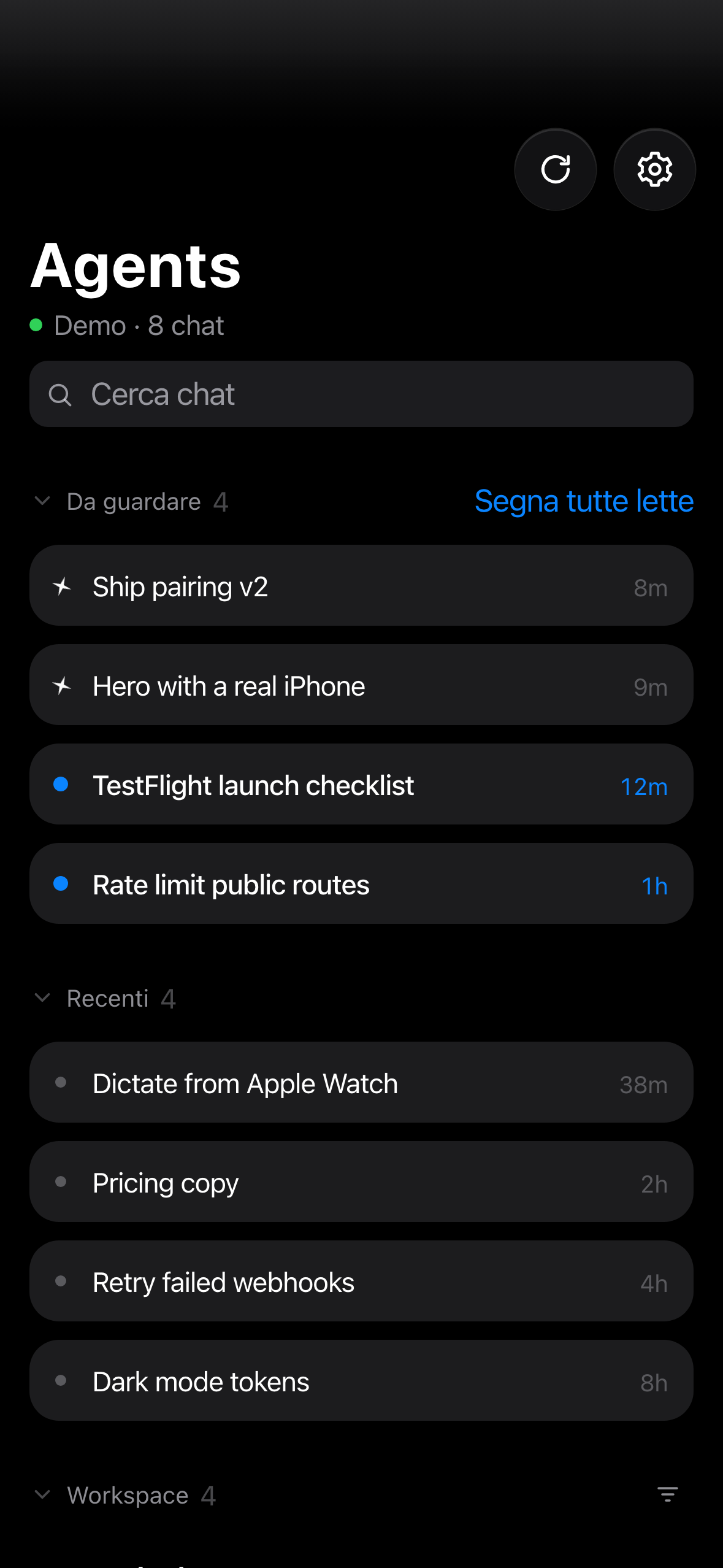 DeckAgent Agents screen with running and waiting chats